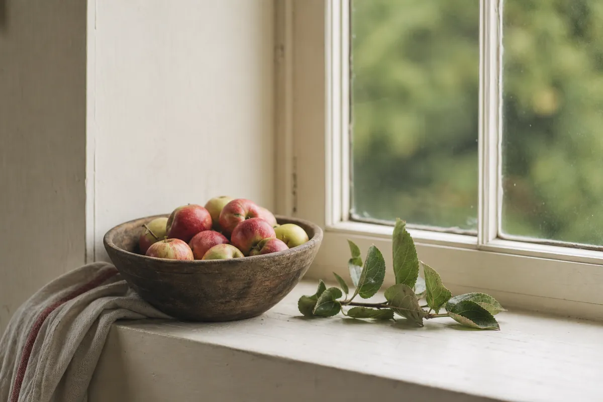 A bowl of apples on a painted windowsill