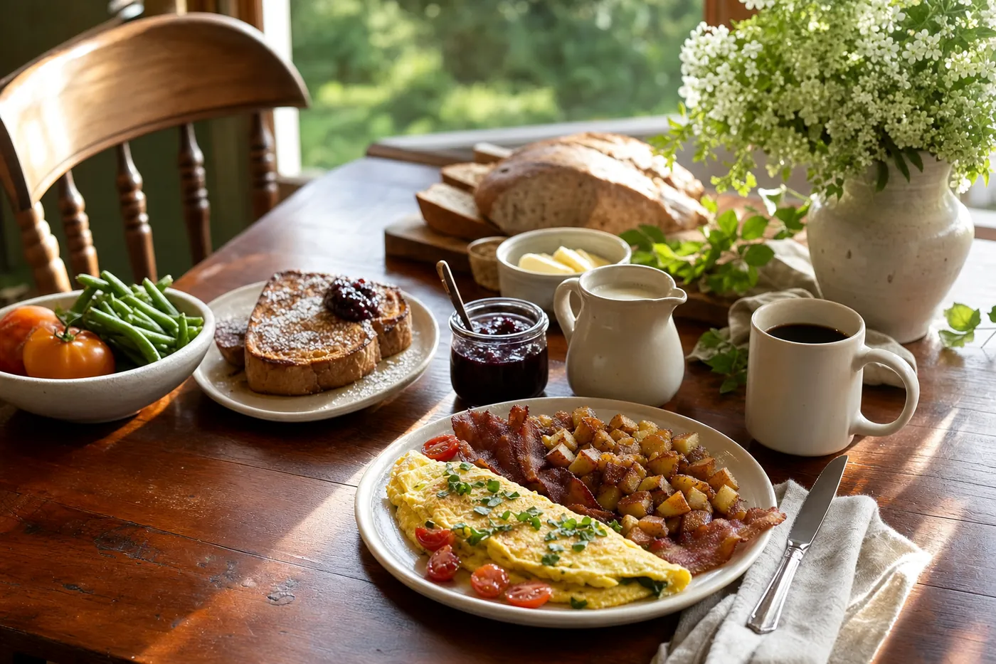 A farmhouse breakfast laid on a long wooden table