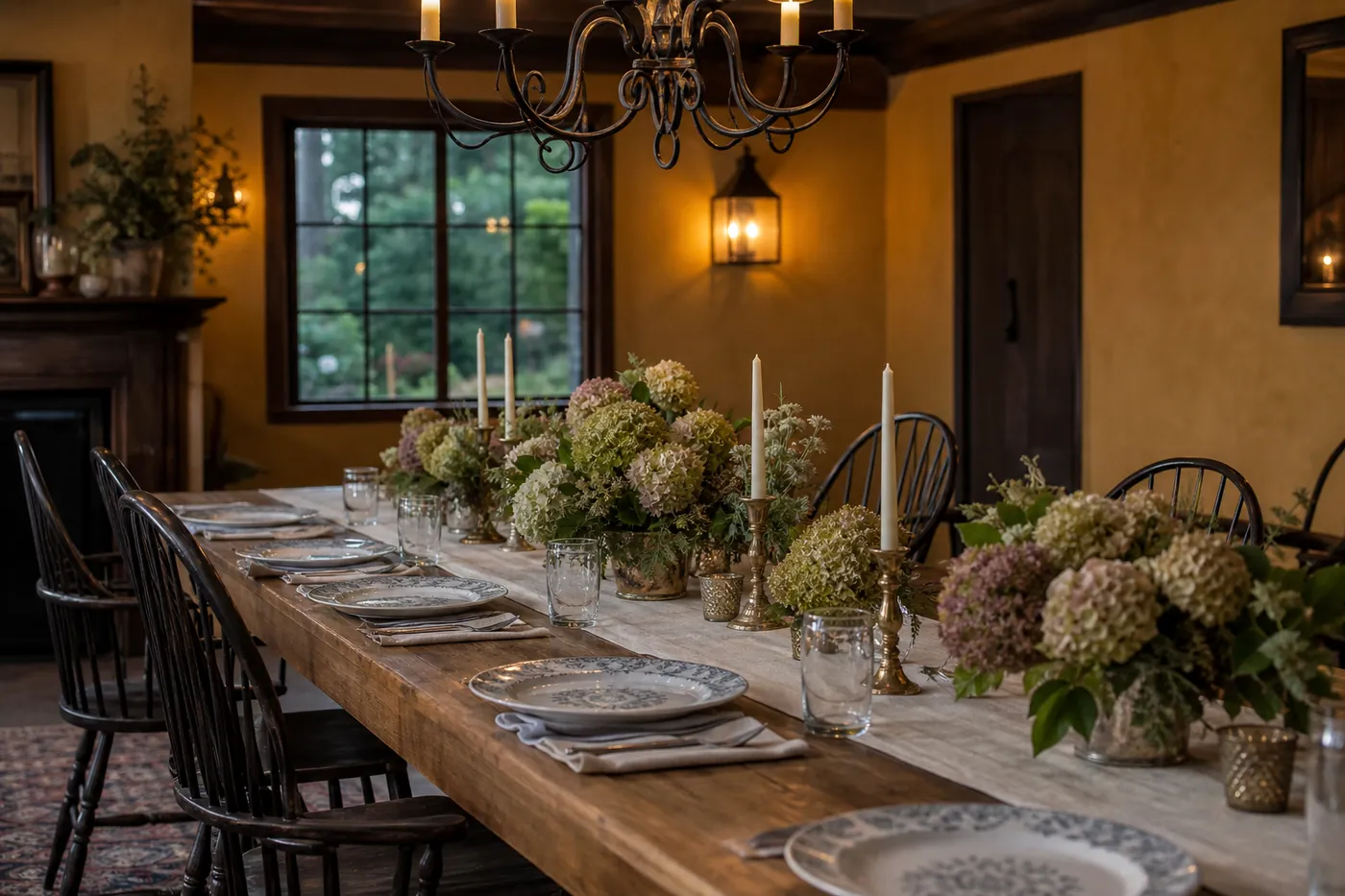 A long table set in a warm inn dining room