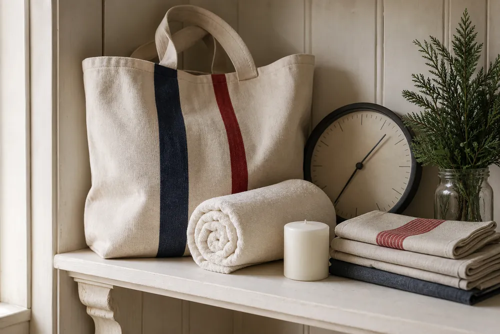 Maine-made goods on a painted shelf