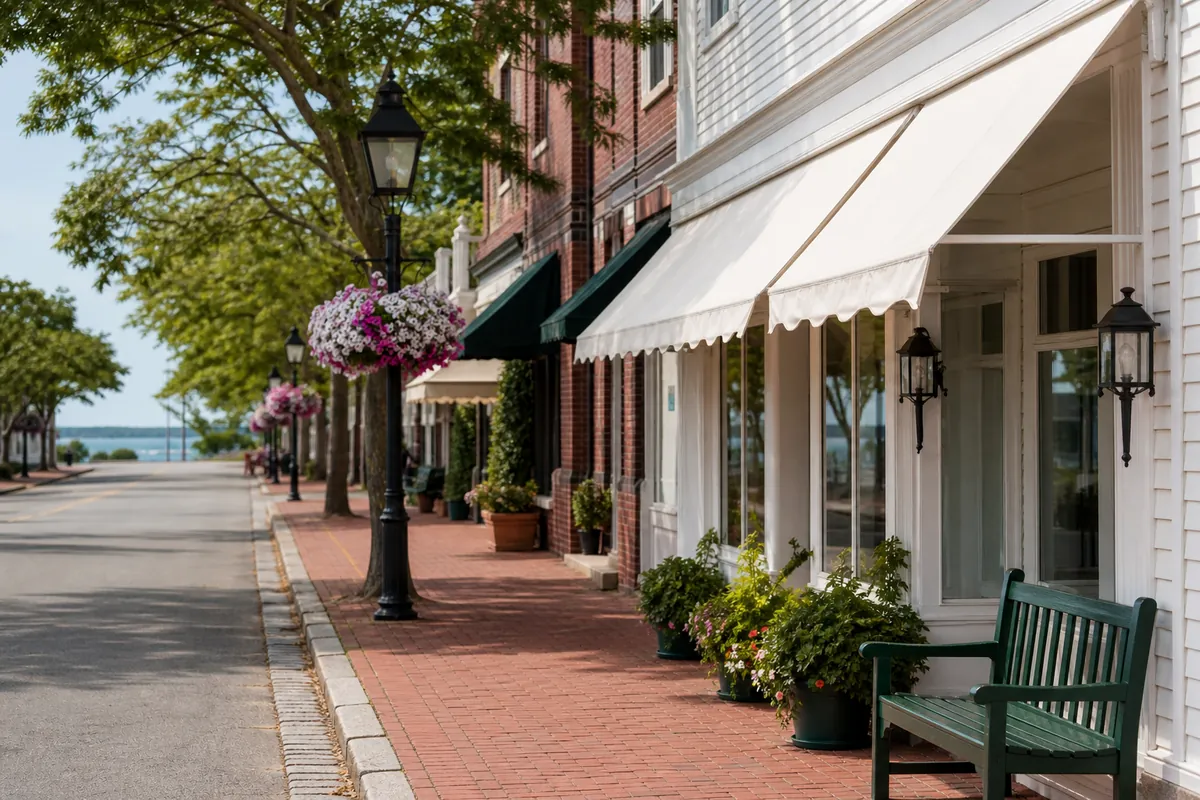 A New England village shopping street in summer