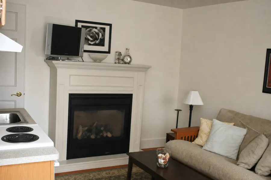 The lower level of the Berge Suite, with its gas fireplace and kitchenette